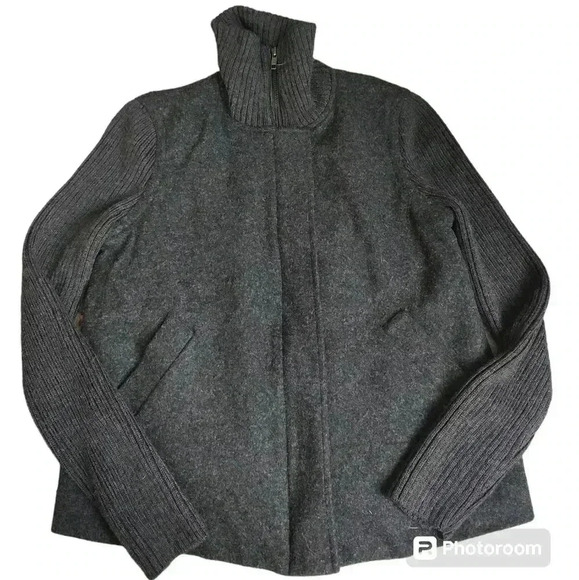 Eileen Fisher Black Boiled Wool High Neck Long Sleeve Zip-Up Jacket, Size PP - Picture 1 of 4